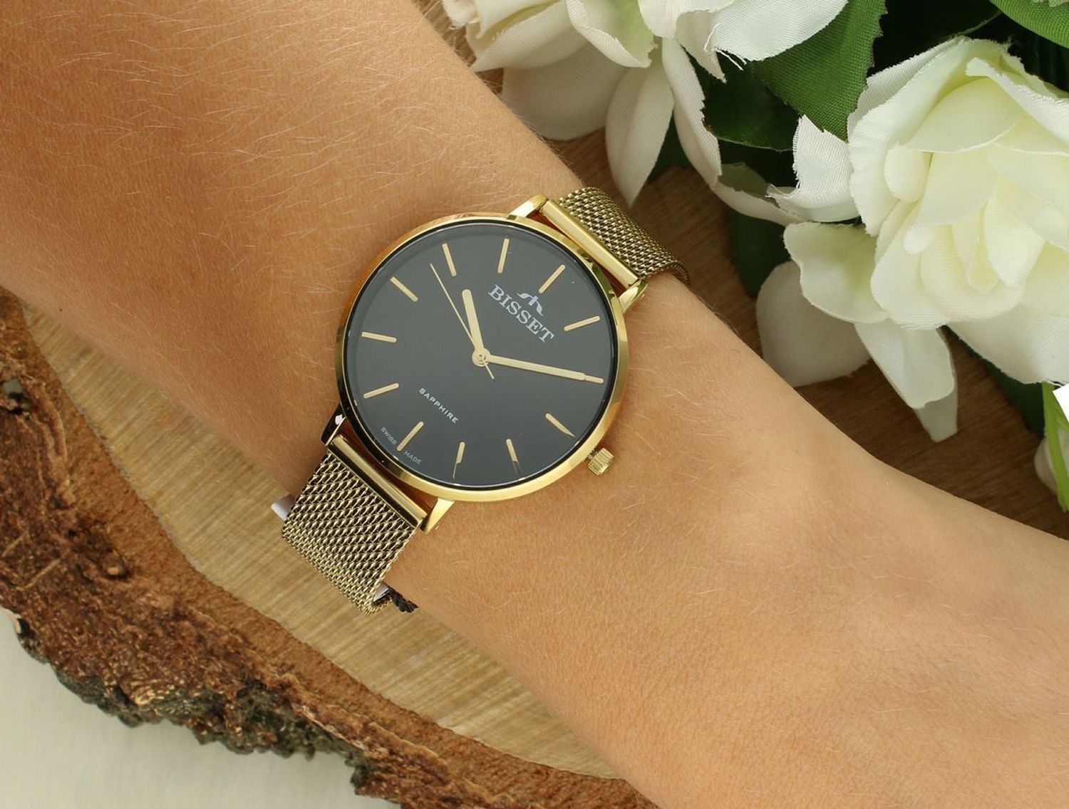 Bisset BIS111 BSBF32 – elegancki szwajcarski zegarek klasyczny z czarną tarczą, złotą kopertą i szafirowym szkłem. Bransoleta G-Link umożliwia samodzielną regulację długości.1.jpg